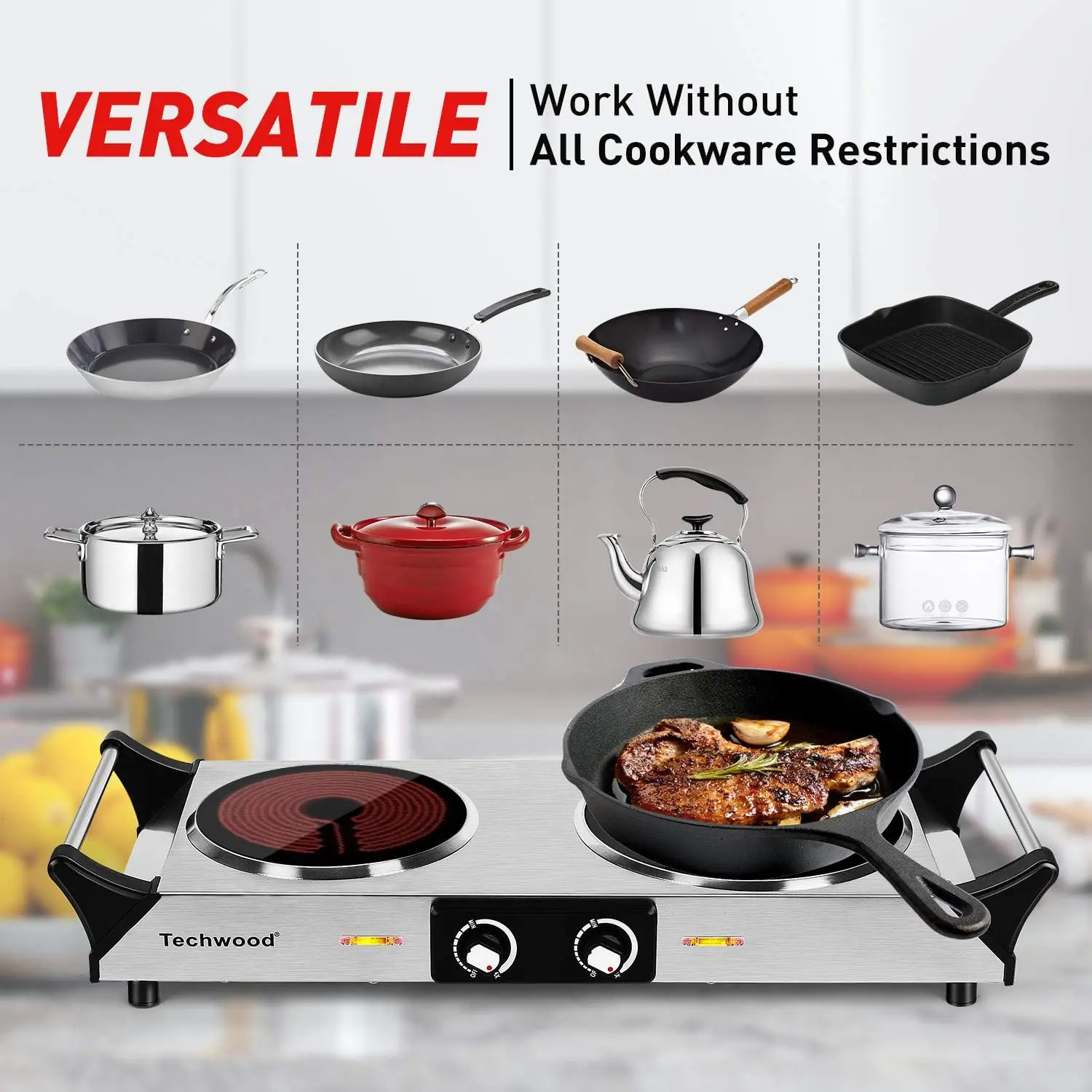 Turkewood electric stove, dual infrared ceramic heating plate cooking, two controlled range burners 3