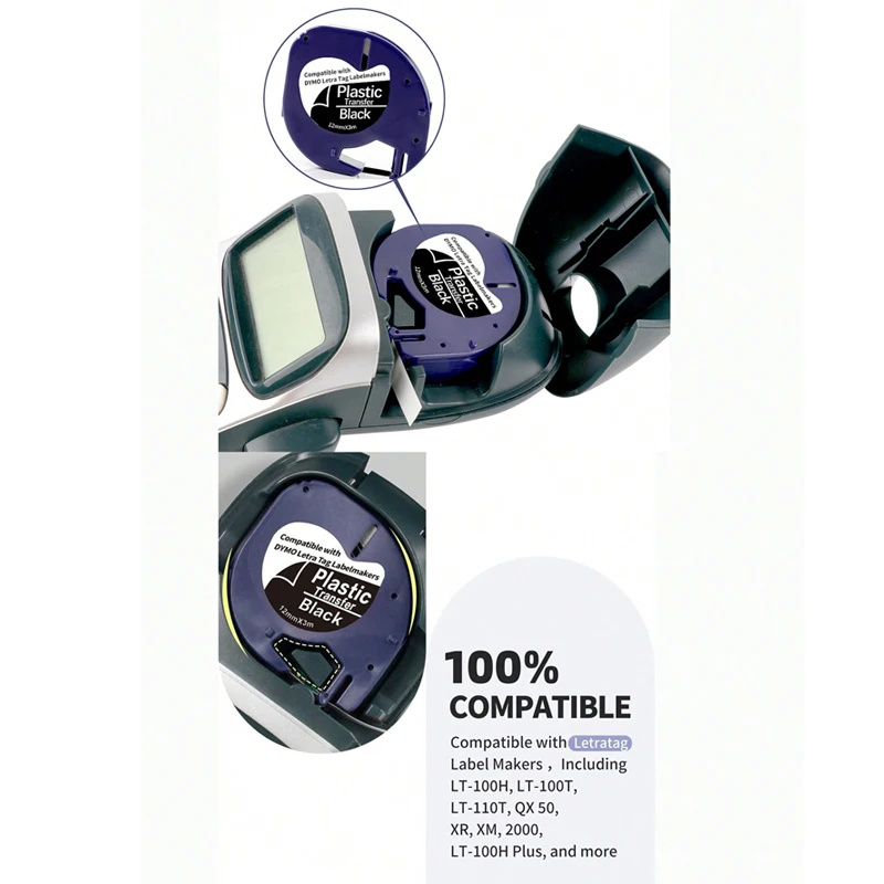 White on Black Plastic Label Tape Compatible with Dymo Letra Tag Label Maker Plus LT-100H LT-100T 1PK, label tape