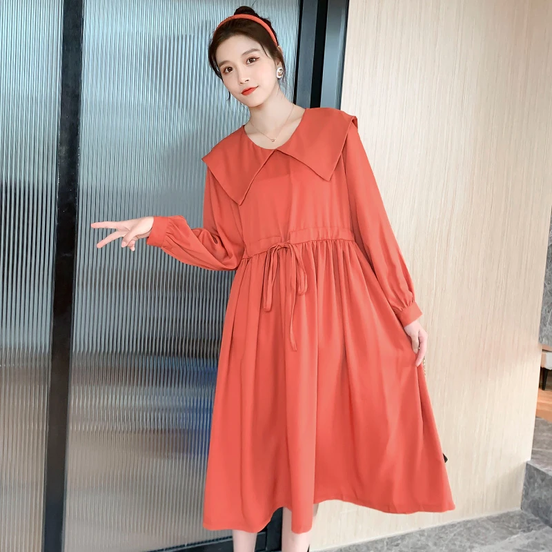 

Loose Pregnant Women Dress Spring Long Sleeve Turn-Down Collar Drawstring Waist Maternity Empire Dress Fashion Pregnancy Clothes