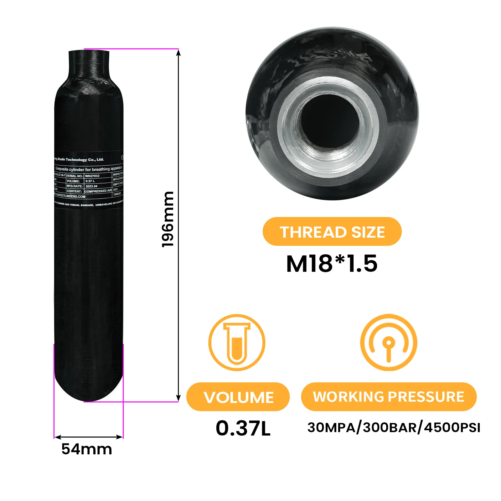 TUXING 300Bar 360CC 0.36L cylindre en Fiber de carbone