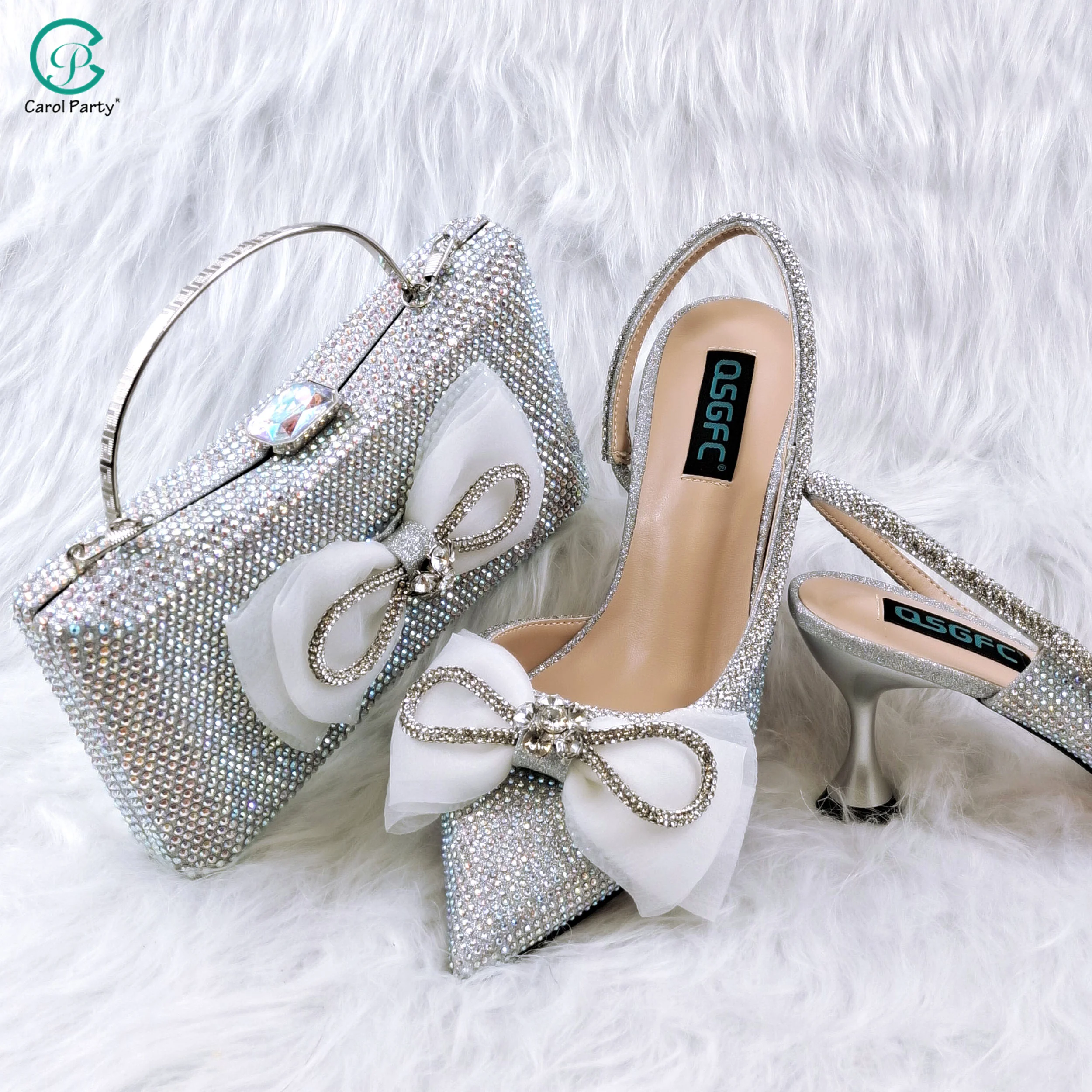 Carol Party Silver Color Women's Shoes And Bags With tulle Large Butterfly  Design Shiny Diamonds Women's Party Shoes And Bags