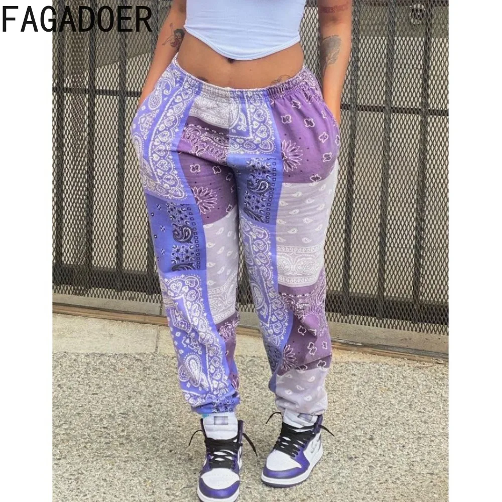 FAGADOER Retro Fashion Paisley Printing Jogger Pants Women High Waisted  Pocket Sporty Trousers Autumn Casual Matching Bottoms european and american paisley diamond retro headband ethnic style wide edge knotted fabric craft printing hairband for women