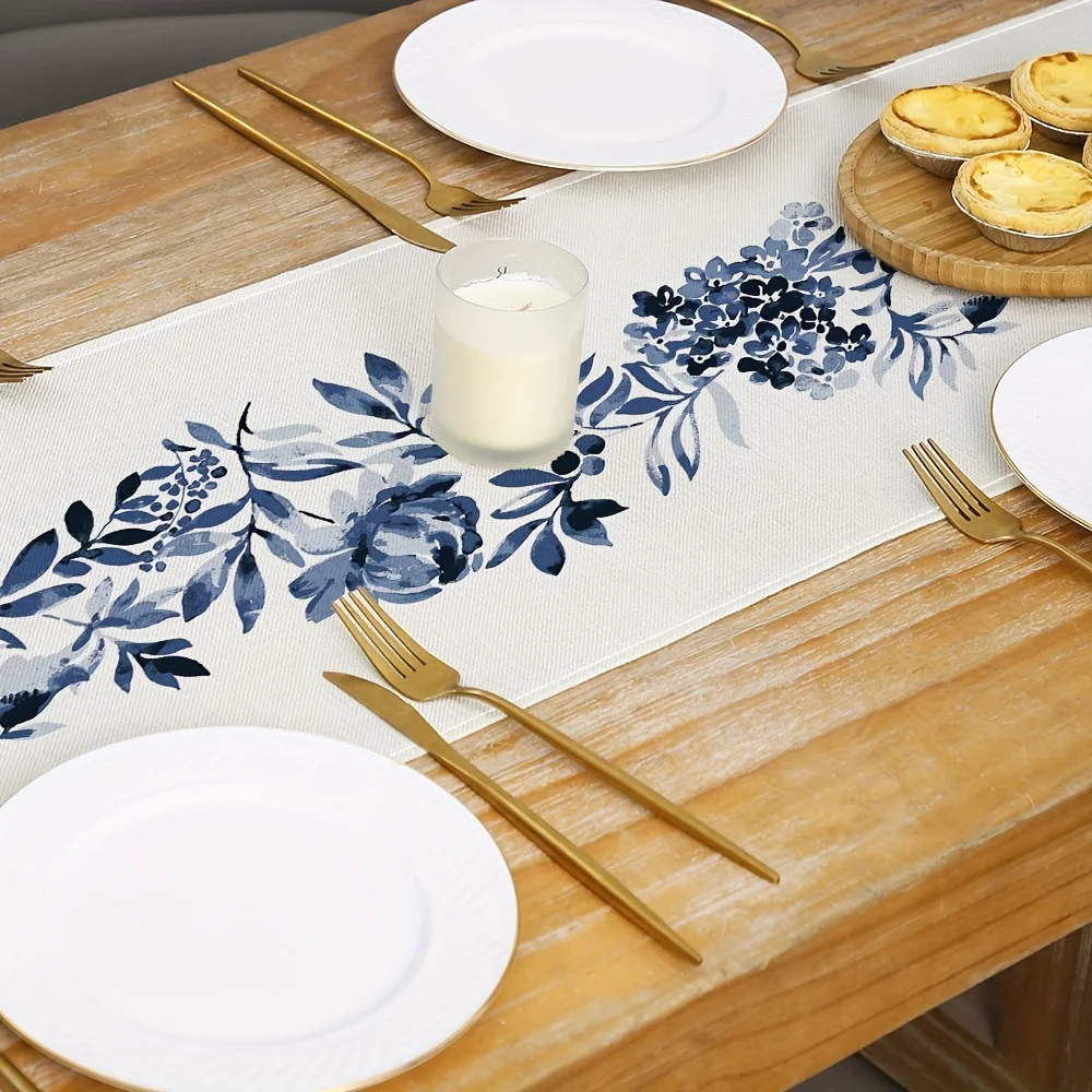 Boho Blue Flowers Linen Table Runners Dresser Scarf Table Decor Kitchen Dining Table Decor Farmhouse Holiday Wedding Party Decor 4