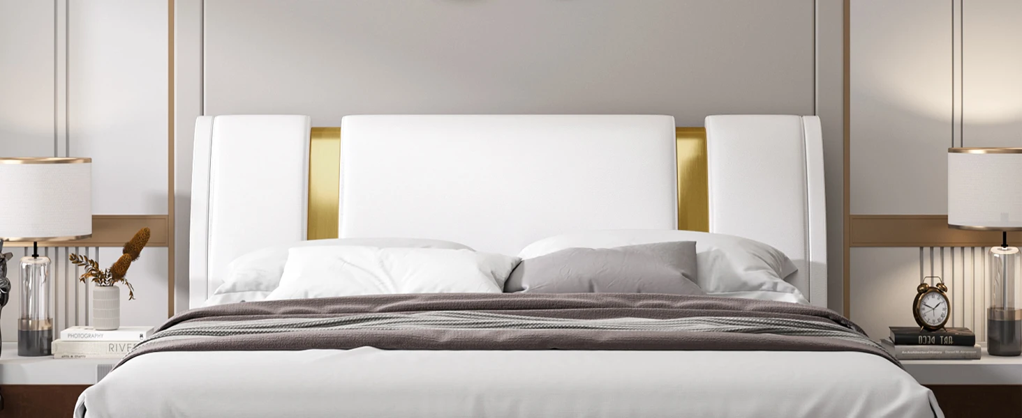 Description Picture 6 of itemModern Faux Leather Upholstered Platform Bed Frame with Golden Iron Metal Decor, Adjustable Curved Headboard, Queen White-golden