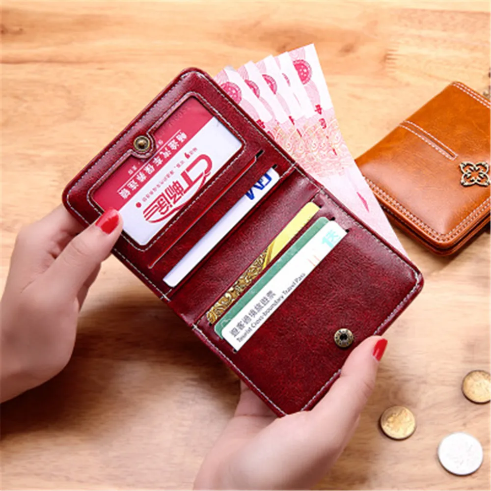

Small Short Wallet Vintage Luxury Design Foldable Leather Women's Coin Purses Card Holder Credit ID Card Clip Handbag Clutch Bag