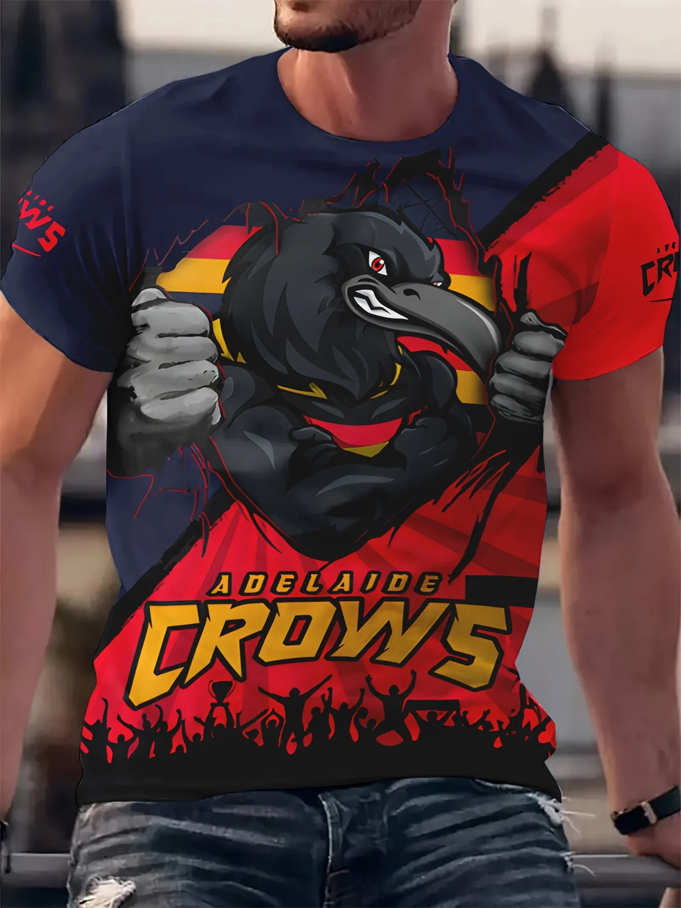 Adelaide Crows Herren-T-Shirt in Übergröße mit 3D-Grafik – Aufdruck mit Krähen und Flammen, atmungsaktives Polyester, normale Passform, kurze Ärmel – Detail 4