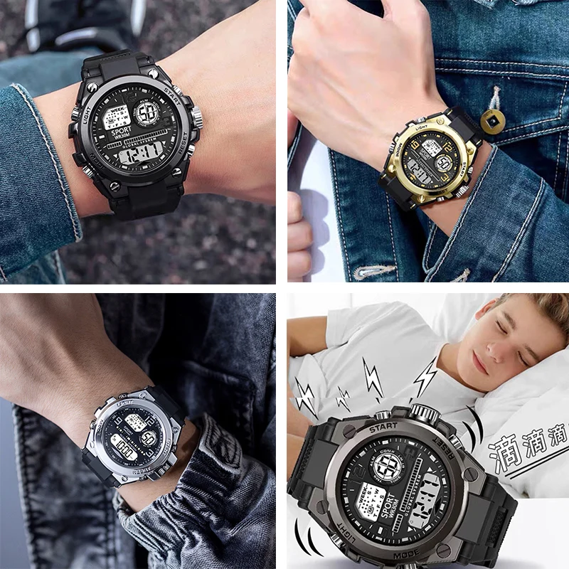 Black Sports Watch for Kids Students Men's Multifunction LED Digital Watch Waterproof Luminous Alarm Clock Electronic Watches 5
