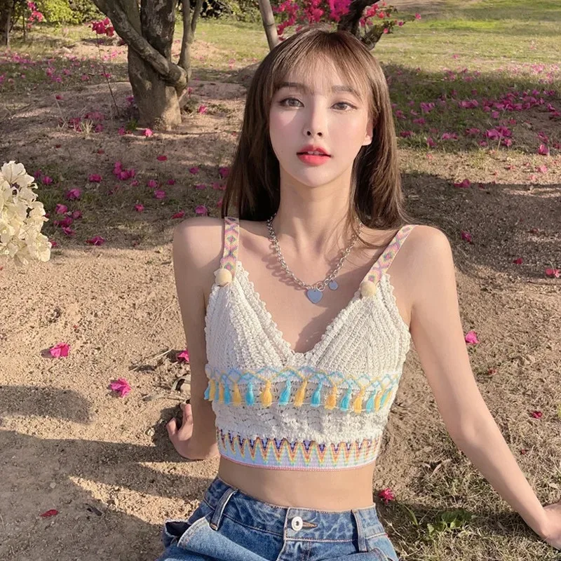 

Summer Bohemian Ethnic Style V-Neck Open Back Short Knitted Tank Top with Tassel Ball Open Navel Vacation Strap Top