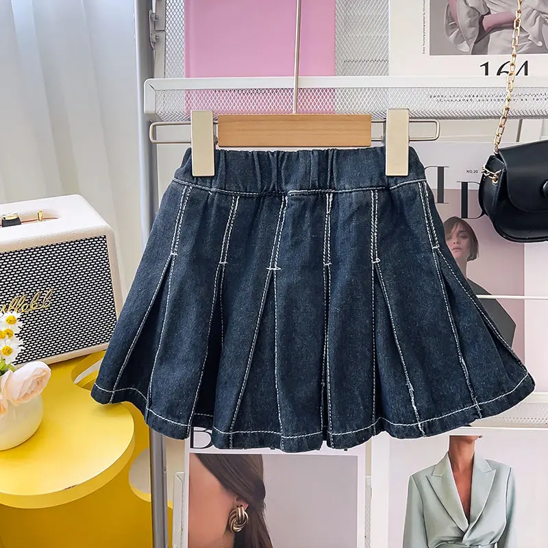 여아 용수철 가을 여름 의류 세트, 조끼 및 플리츠 스커트, 어린이 패션, 데님 캐주얼 청바지 정장 의류, 2024
