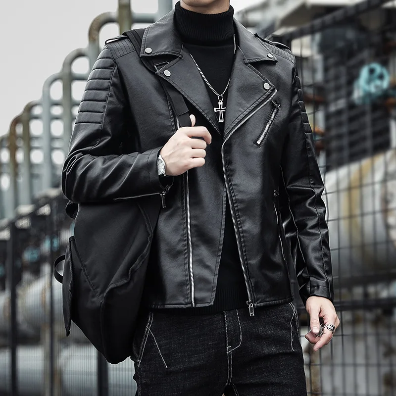 Fashion Leather Jacket Men's Autumn New Version Motorcycle Suit Male Zippers Rivet Decoration Leather Jacket Outerwear Trend