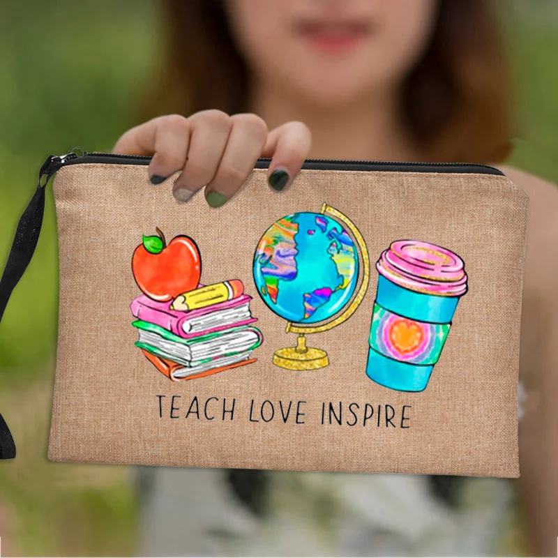 

Teacher Change The World Linen Pouch Travel Toiletry Organizer Back To School Teacher Gift Cosmetic Bag Women Neceser Makeup Bag