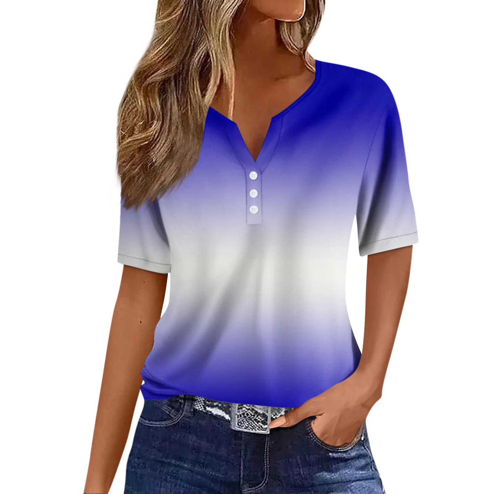 

Women'S Fashion Casual Vintage Button Gradient V-Neck Short Sleeve Decorative T-Shirt Top Streetwear New Shirt Tops Spring