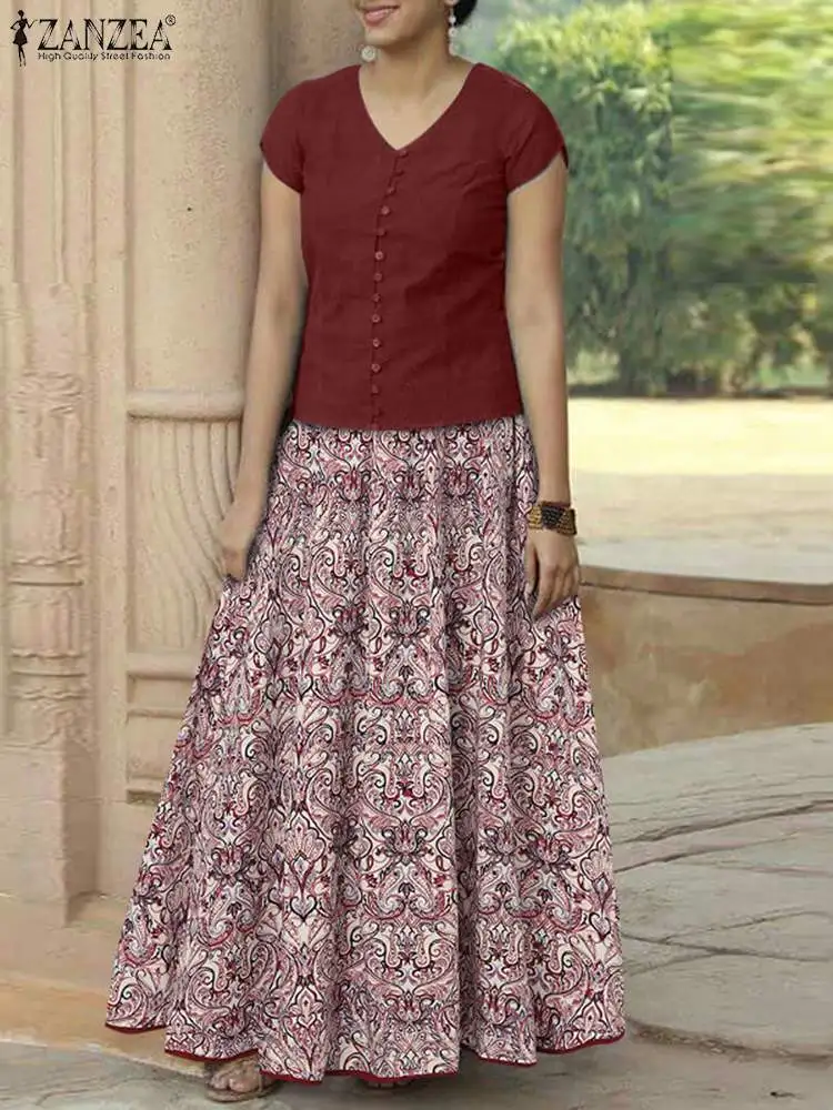 

ZANZEA Bohemian Matching Sets Summer Casual Suit Short Sleeve Solid Shirt Printed Skirt Woman Elegant Holiday Tracksuits 2023