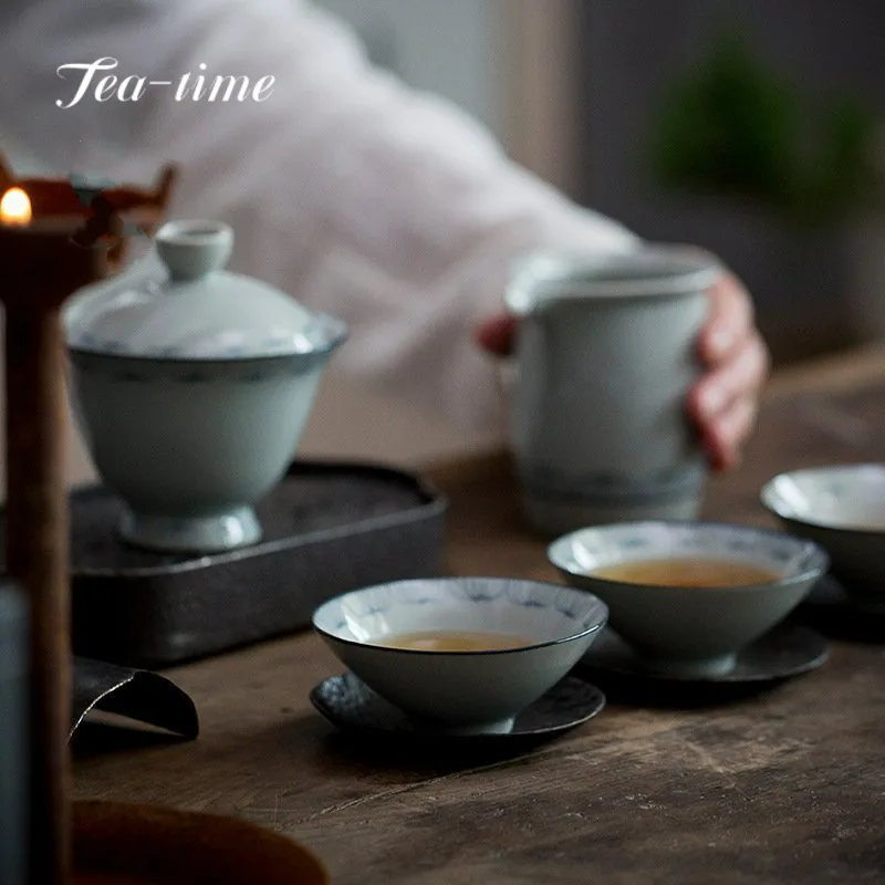 50ml Hand-painted Lotus Simple Antique Blue and White Bamboo Hat Tea Cup Ceramic Kung Fu TeaSet Master Personal Small Single Cup