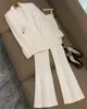Spring Autumn Delicacy Beads Lady Office Suit Long Sleeve Single Button Blazer Flared Pants Women Solid 2Pcs 1