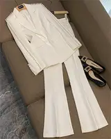 Spring Autumn Delicacy Beads Lady Office Suit Long Sleeve Single Button Blazer Flared Pants Women Solid 2Pcs 1