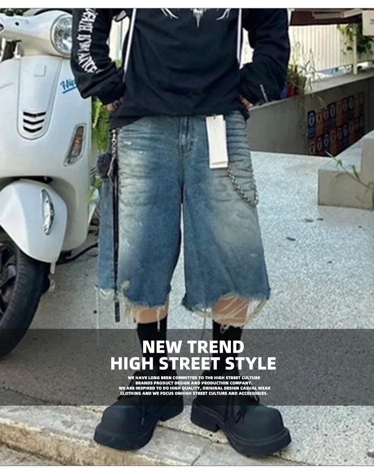 MIJKO Jeans Shorts Damaged Hole Baggy Shorts Men Women Streetwear Casual Denim Cargo Pants