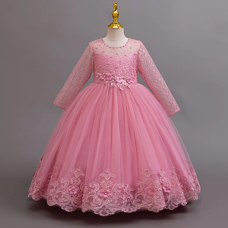 Children's Embroidered Party Evening Dress 3-12 Years Old Lace Long Sleeve White Wedding Long Princess Dress for Girls 4