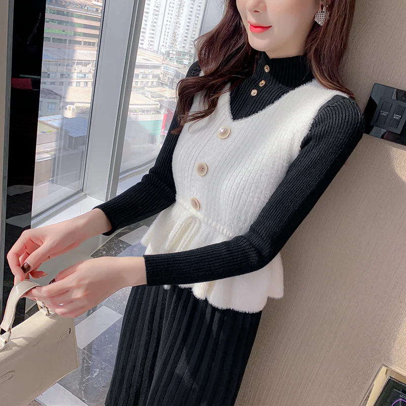 

2022 New Autumn/winter Fashion Temperament Slim Knit Anti-mink Vest Dress Two-piece Set Sweater Dress Female Outfits for Women