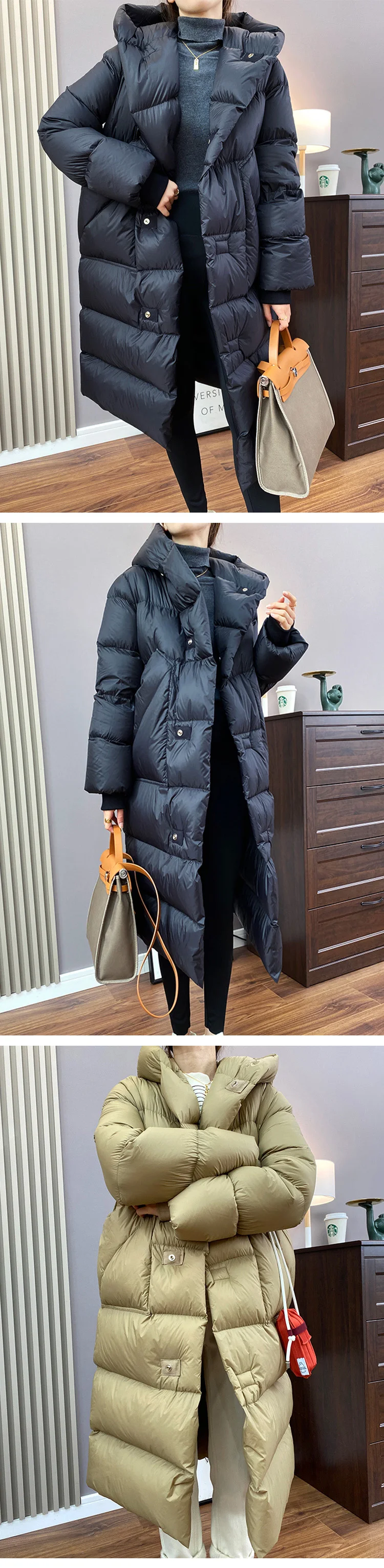 Janveny 2025 New Oversized Hooded Winter Puffer Jacket Women Solid Thick Warm Sashes Tie Up White Duck Down Over The Knee Coat