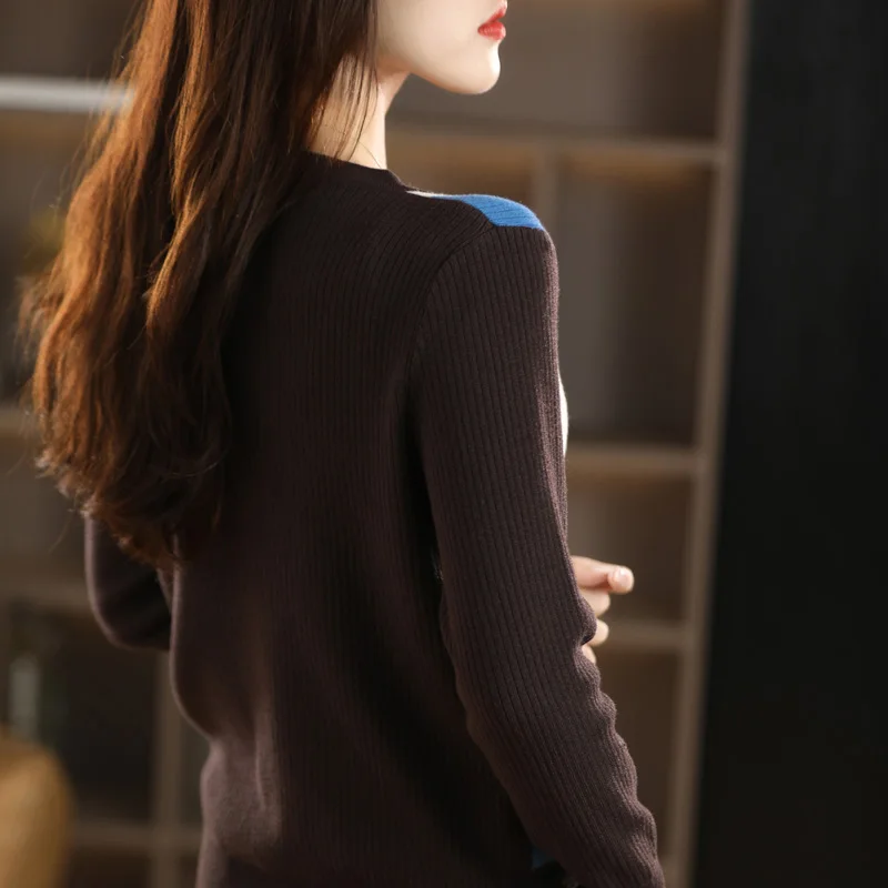 여성용 용수철 모직 니트 스웨터 가디건, 캐주얼 블라우스 핏, 여성용 상의, V넥 싱글 브레스트 스플라이스 재킷
