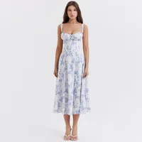 Mingmingxi Floral Print Summer Holiday Dress Elegant Midi Spaghetti Strap Lace Up Dress A Line Casual Women Clothing 2024 - Image 4