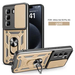 Shockproof Armor Magnetic Car Holder Case with Slide Camera Protection and Ring Stand for Infinix Hot50ProPlus (SJ-Gold)