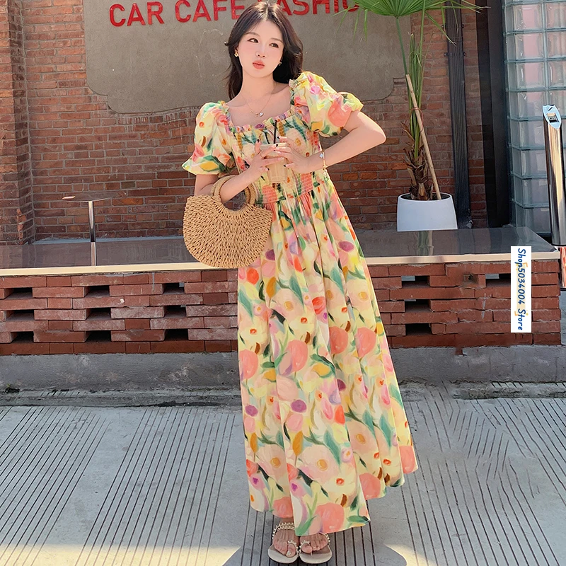 

2024 Summer New Short Sleeve Square Collar Oil Painting Floral Dress for Women Elegant Sweet A-line Long Dresses Female 8818
