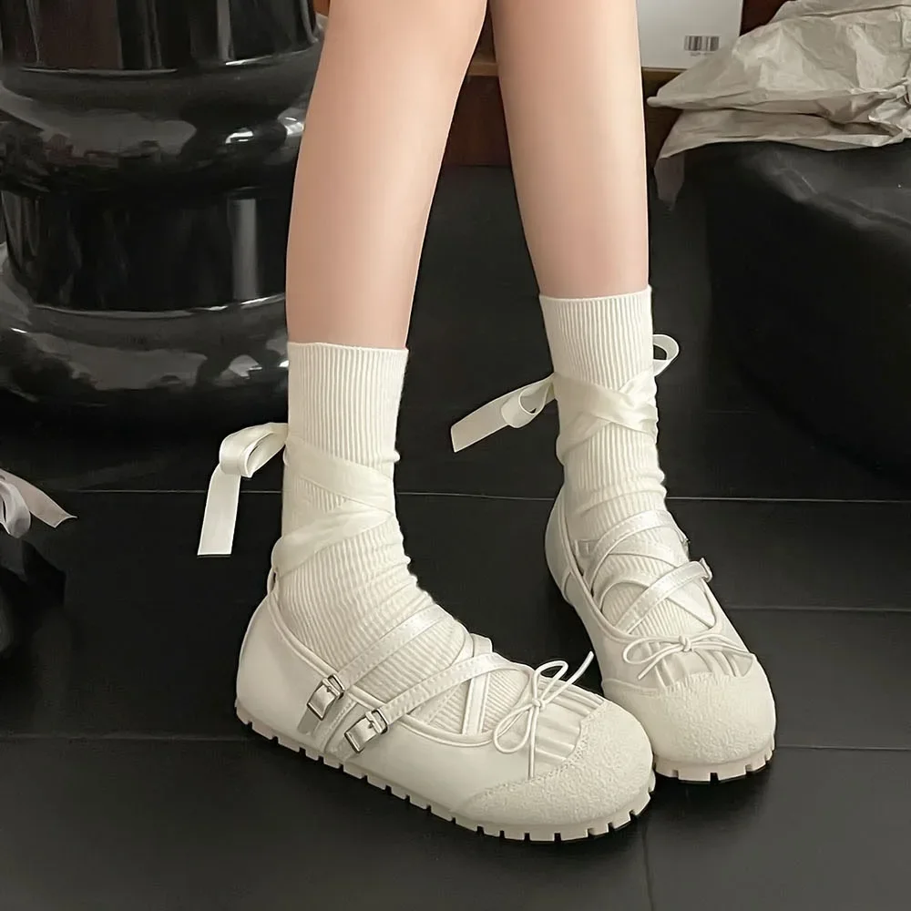 Ballet Flat Mary Jane Shoes Women Soft Bottom Puff Ballerina Slippers Summer French Style Knot Tie Sport Shoes