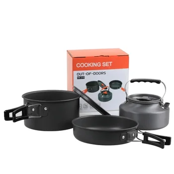 캠핑 조리기구 세트 알루미늄 휴대용 야외 식기 주전자 냄비 조리기구 세트, 요리 팬 그릇, 하이킹 바베큐 피크닉, 3 in 1 장비