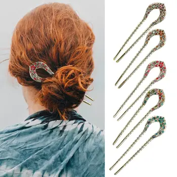 Bastoncini per capelli vintage a forma di U Chignon di cristallo Forcine per capelli a doppia punta Copricapo Accessorio per acconciatura in metallo bronzo Bacchette per capelli