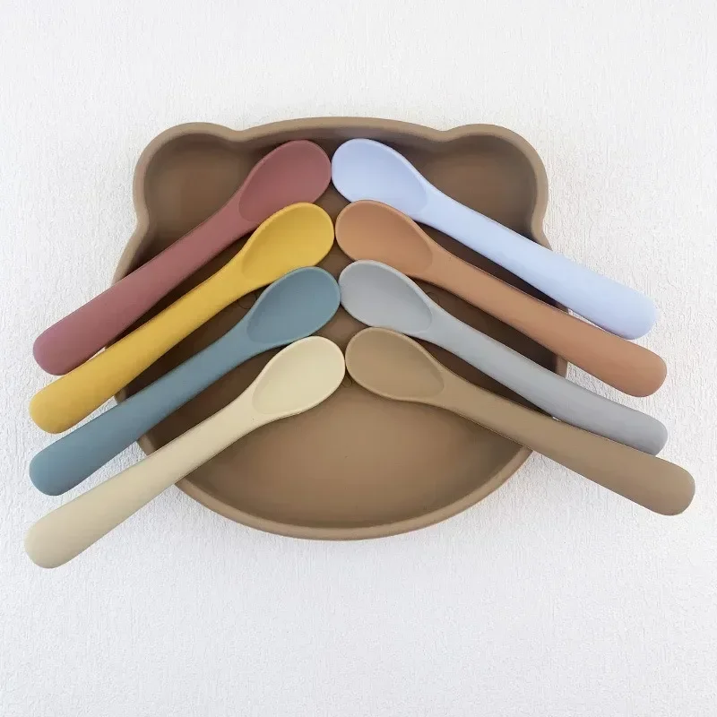 Food Silicone Spoon Small Curved Spoon Soft Rubber Baby Learn To Eat Feeding Silicone Cutlery Baby Training for silicone feeding spoon,silicone cutlery set