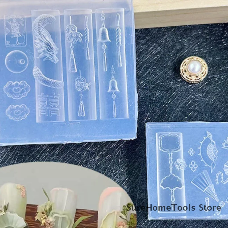 3D Chinese-Style Transparent Silicone Nail Molds Dragon Copper Coins Bells Chinese Knots Fan Manicure Design Templates