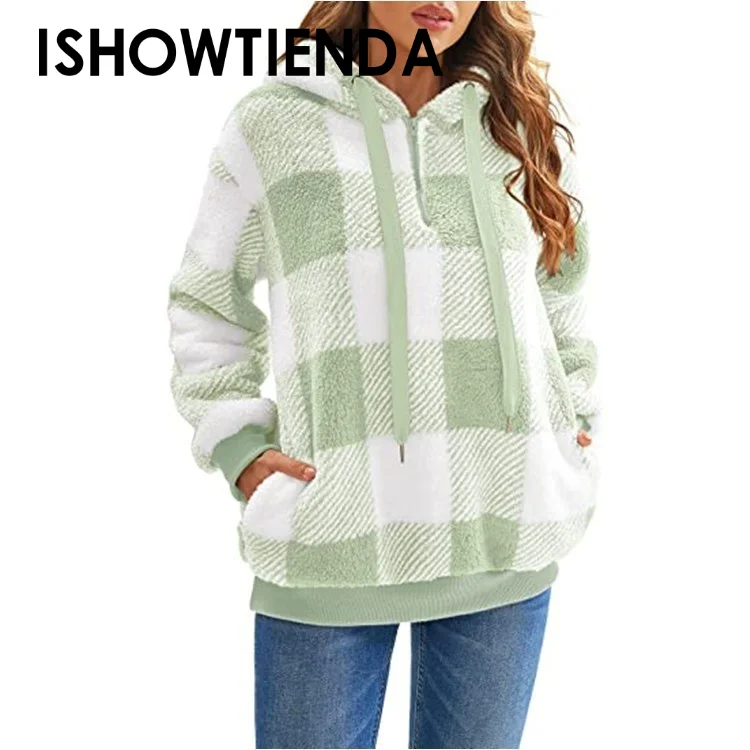 

Women Plaid Sweatshirt Plush Jacket Fall/winter 2023 New Long Sleeve Hooded Hoodies Ladies Sweatshirt Winter Comfy Pullover