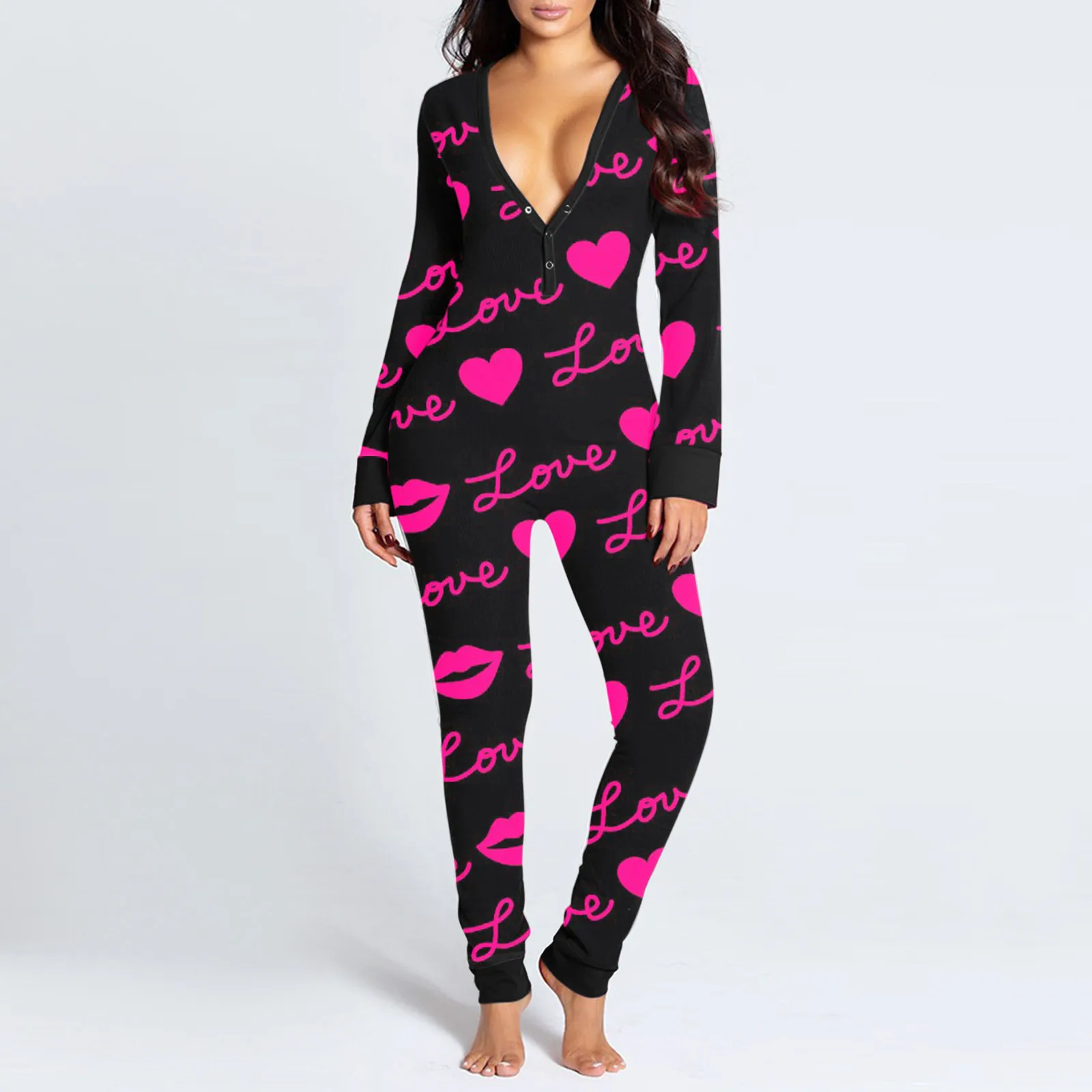 Women Bodysuit Sleep Wear Set Love Letter Print Onesies With Butt Flap For Adults Valentine Sexy Sleepwear Romper Women's Jumpsuit Open Butt Pajamas Nightwear