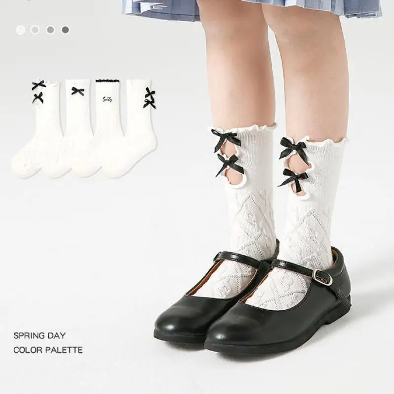 Spring 4pairs/lot Solid White Sweet Bow Girl Baby Mid Socks Children Fashion Letter Cotton Socks Kid Breathable Sport