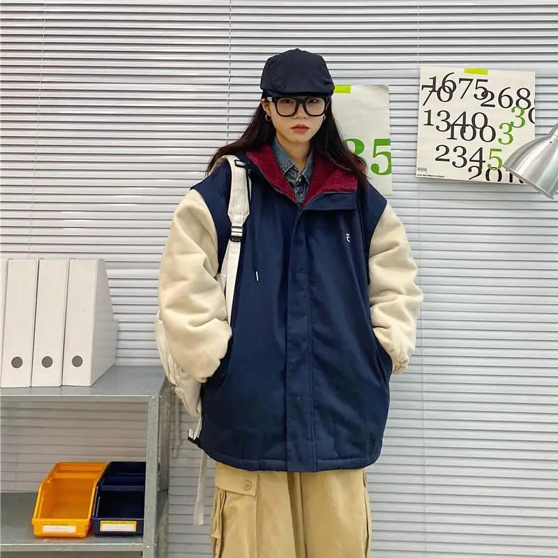 

Winter Parka Jacket Women Long Sleeve Hooded Lamb's Wool Padded Thickened Jacket Fleece Lined Oversized Overcoat Coat