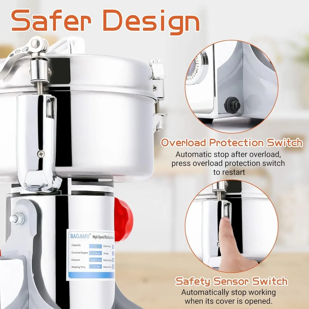 electric grain mill 1000g high-speed grain spice herb grinder 2600w dry grinder machine 304 stainless steel superfine powder hig