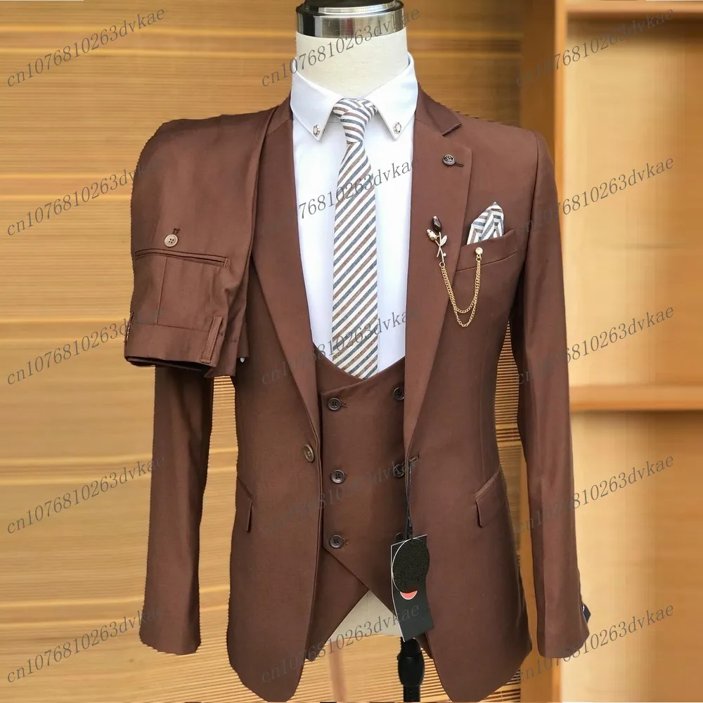 New Brown Business Men Suit Groom Groomsman Wedding Party Dress Formal Tuxedo Male Costume Jacket Pants Vest 3 Piece Set