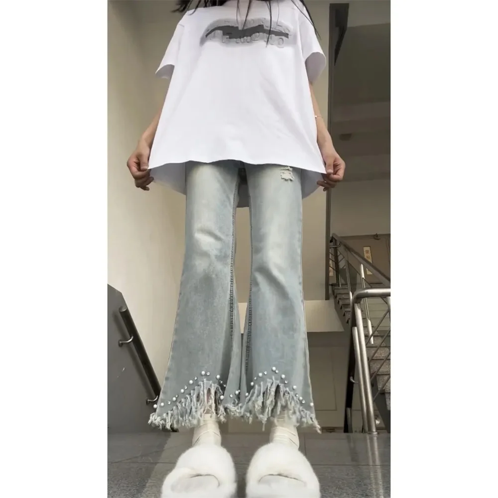 

Women's High Waist Jeans Slim Elastic Vintage peals Beading Lace Patchwork Hot Drilling Trouser Denim Flare Pants Female 23 new