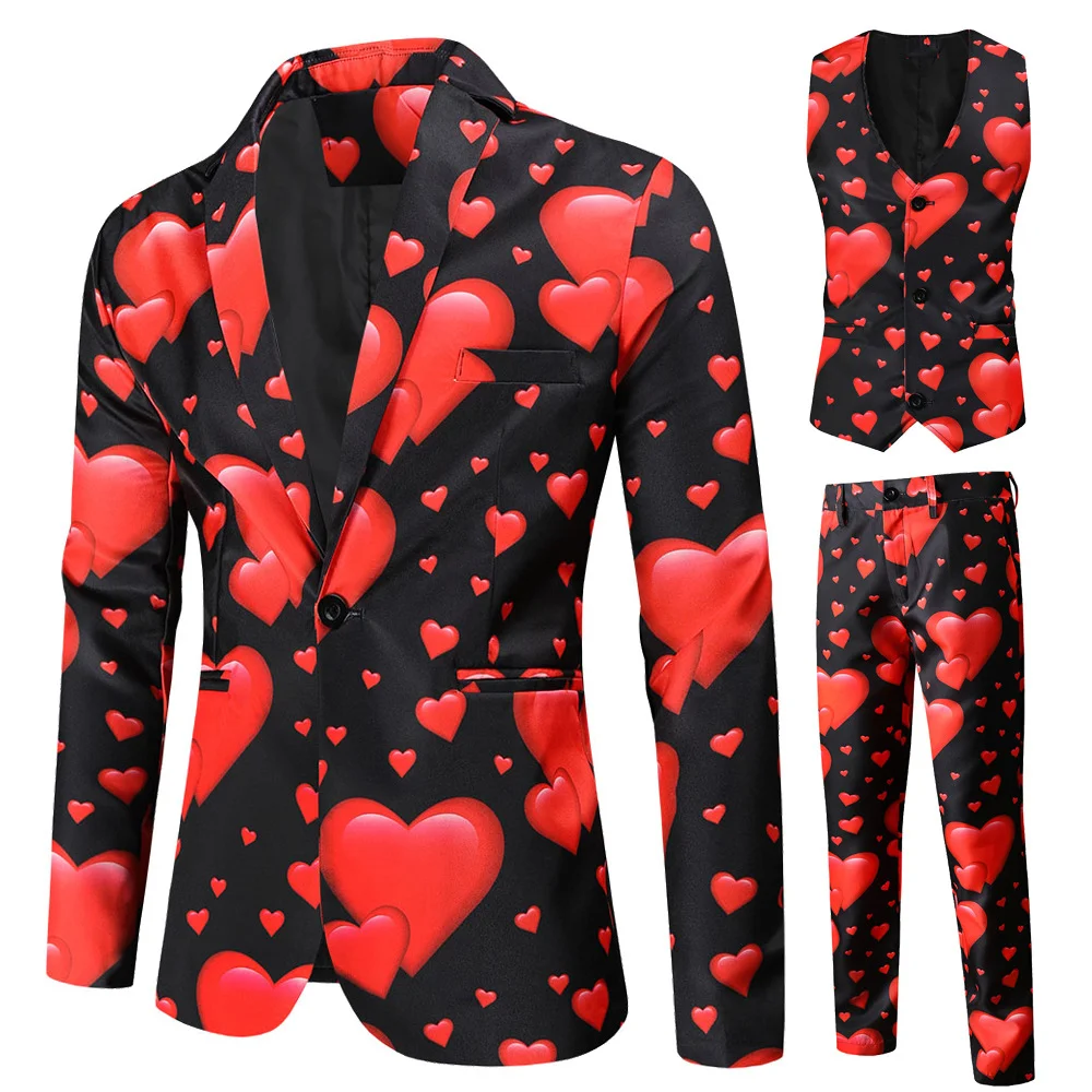 Valentine's Gift Men's Fashion Suit Three-Piece Sets Party Coat 3D Heart Printed Coat Vest Pants Suit Slim Fit Blazer Jacket Men