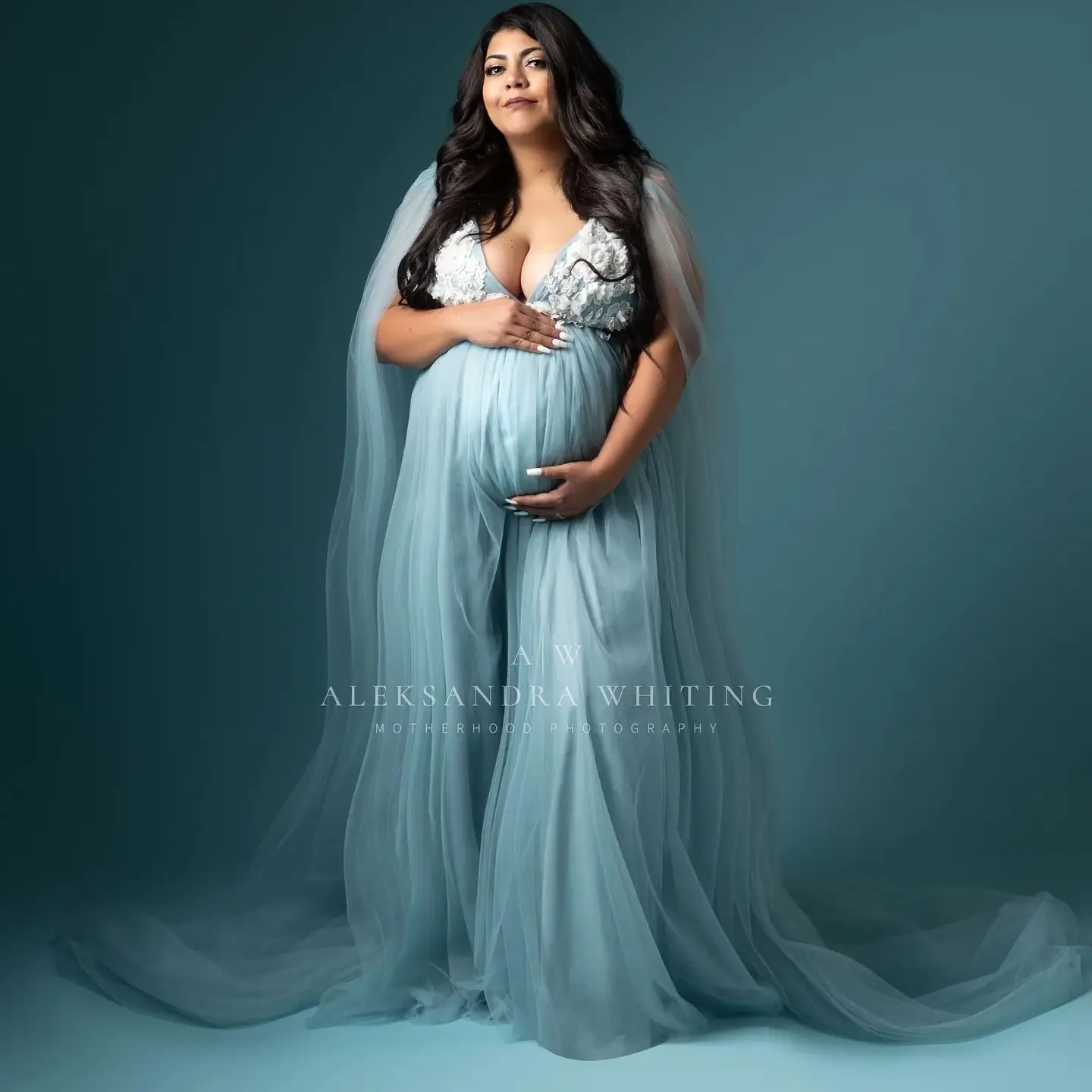 

Blue A Line Prom Dresses Charming V Neck Appliques Pregnant Women Dresses with Shawl Sexy Sweep Train Maternity Photo Gowns