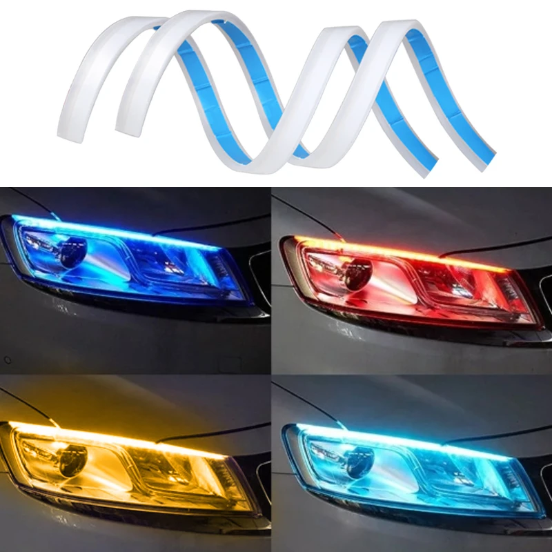 

2pcs Car Daytime Running Light 12V LED DRL Flexible Waterproof Strip Auto Headlights White Turn Signal Yellow Brake Flow Light