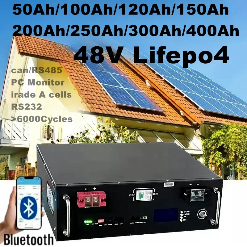 51.2V 10KWh Solar Battery 48v 200AH LiFePO4 150AH 300Ah 100Ah RS485 ...