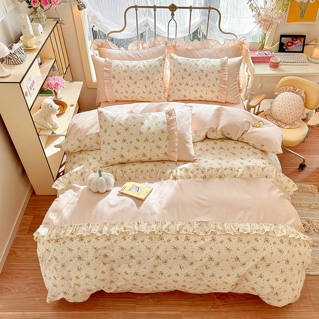 Ensemble de housse de couette 100% coton, 3 pièces (1 * housse de couette + 2 * taie d'oreiller, sans noyau), ensemble de literie en dentelle coréenne, doux et confortable 3