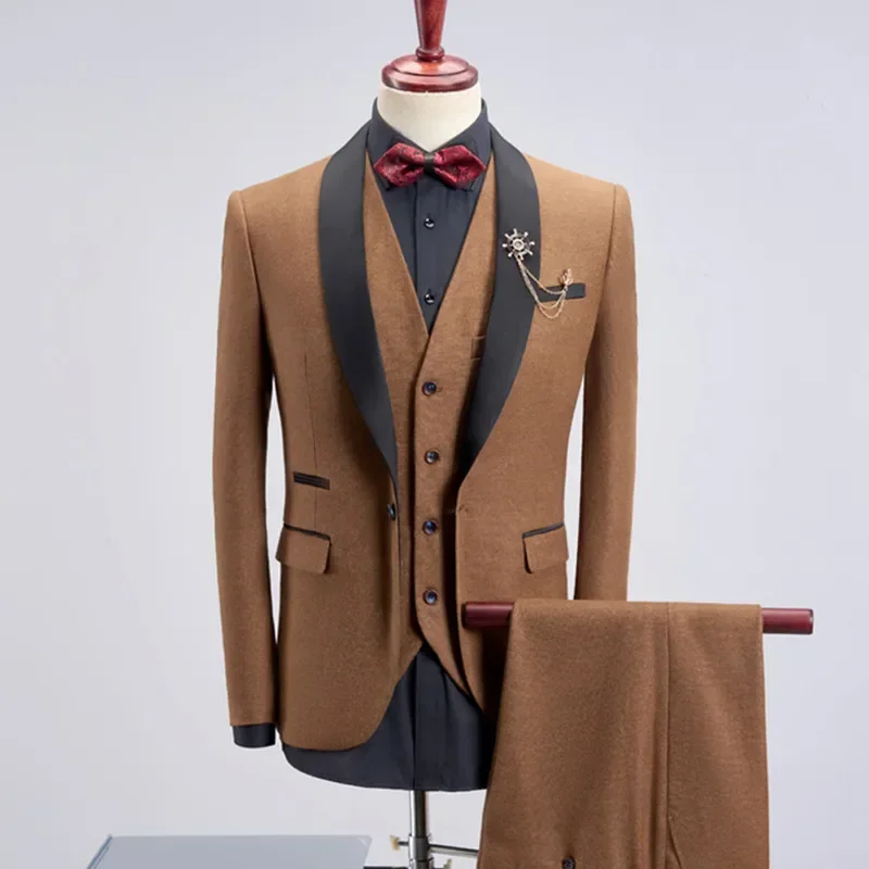 

3 Pieces Suits Fashion New Men's Casual Boutique Business Suit / Male Color Matching Collar Blazer Jacket Coat Trousers Vest Set