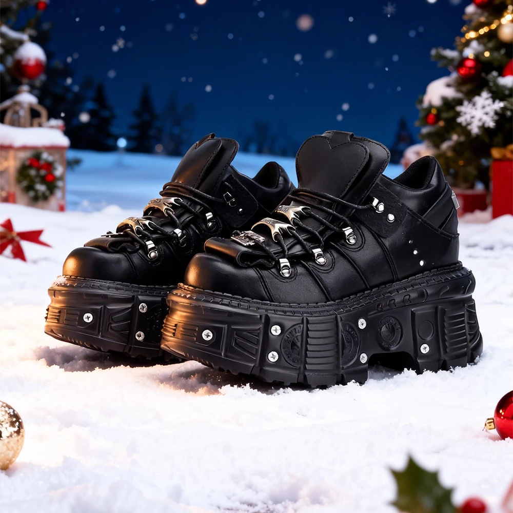 2025 New Punk Style Women Shoes Lace-up Heel Height 6CM Platform Shoes Woman Gothic Ankle Rock Boots Metal Decor Woman Sneakers 1