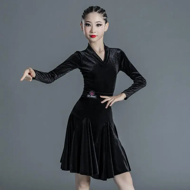 Children's Latin Dance Costume for Professional Competition Girls' Large Swing Dress with Fishbones Latin Training Performance