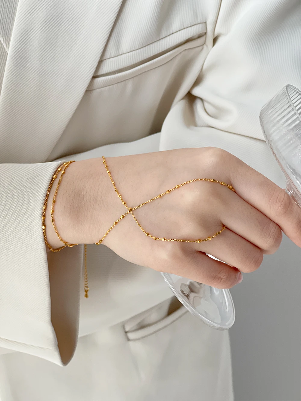 Vintage Pearl Hand Chain Bracelet - Layered Finger Ring To Wrist Chain, Gold Tone, Adjustable Boho Jewelry