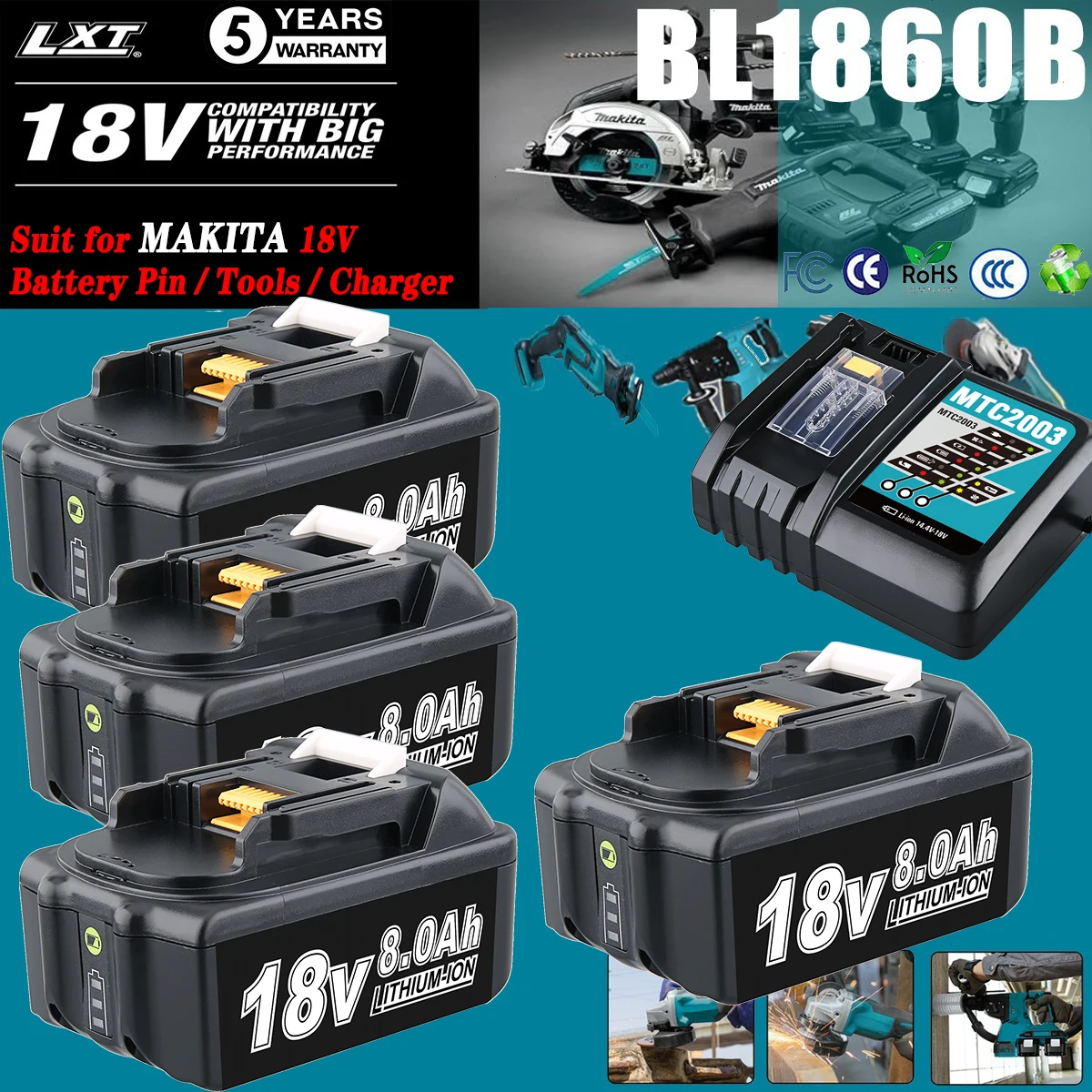1/2/4Pcs 8.0Ah BL1860B Li-on Replace For Makita 18V LXT BL1830 BL1850 BL1890 Battery Pin with 3A DC18RC Charger Combo Kit